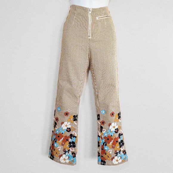 Beige & White Striped Floral Cigarette Trousers - Picture 1 of 5